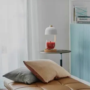 Candle Warmer Lamp Flameless Electric Candle Warmer with Timer and 2 Bulbs, Wax Warmer Lamp for Jar Candles, Lamp Warmer with Timer & Dimmer, Stylish Design Candle Warming Lamp, Home Decor -White/Wood